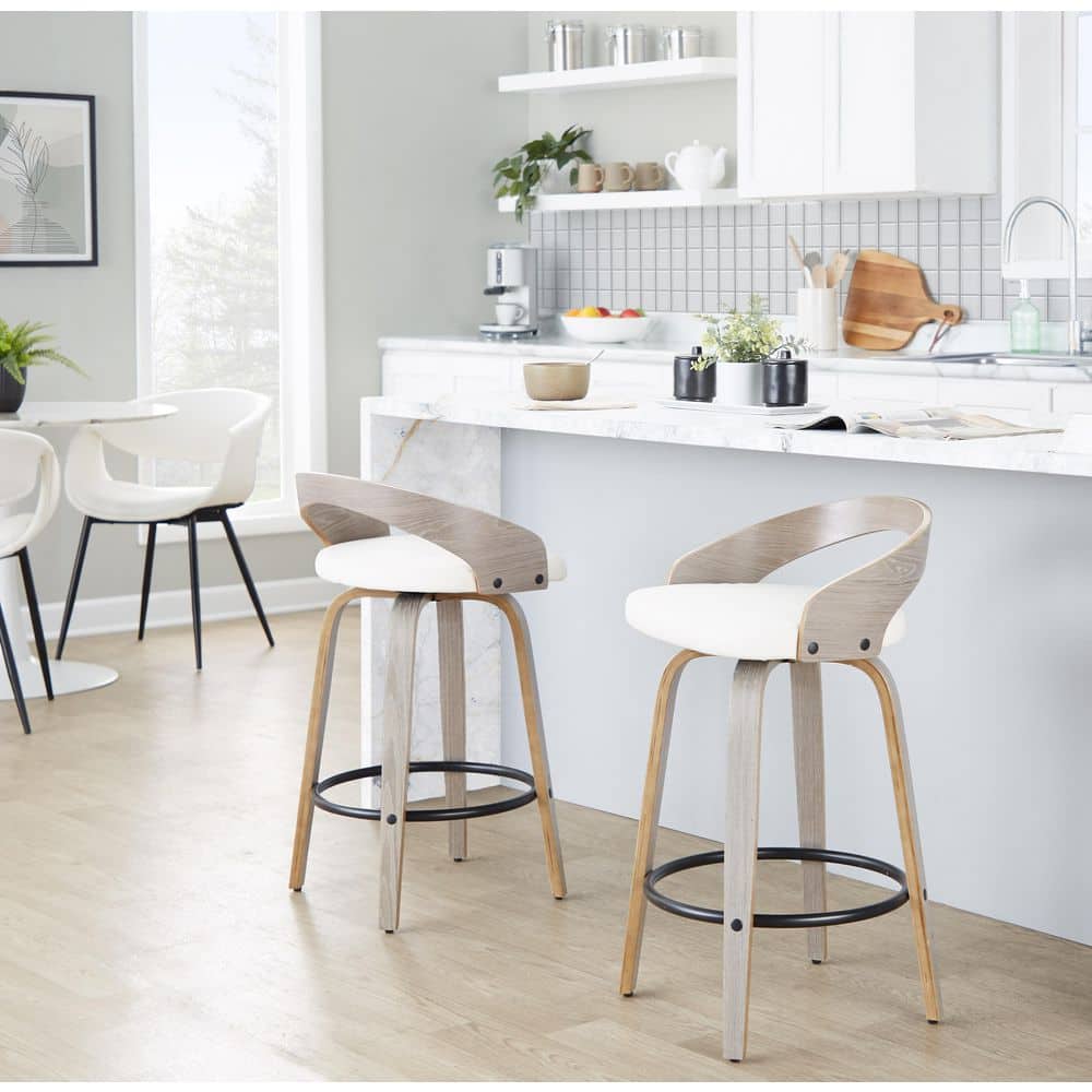 ライトグレー Stool Lumisource Grotto 26 in. Light Grey Wood and White Faux Leather