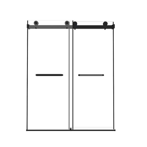 60 in. W x 74 in. H Double Sliding Aluminum Frameless Shower Door in Matte Black with Explosion Proof Film Clear Glass