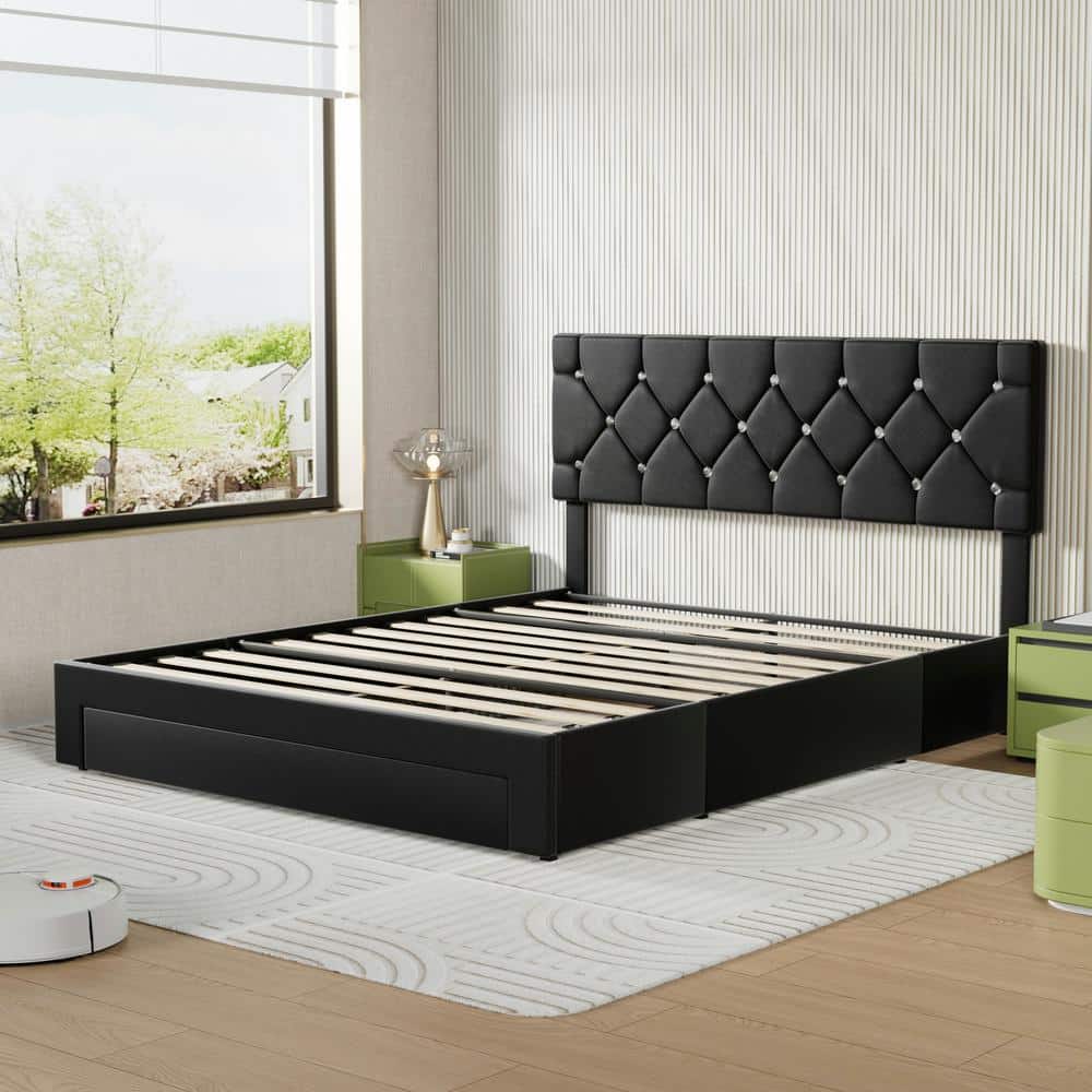 Upholstered Bed with Storage-3 Drawers, White Metal Frame Queen Platform Bed with Faux Leather Tufted Headboard - thumbnail 9