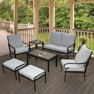 7-Piece Metal Outdoor Sectional Sofa Set with Gray Cushions, Patio Loveseat, Armchairs, Ottomas, Coffee Table Side Table