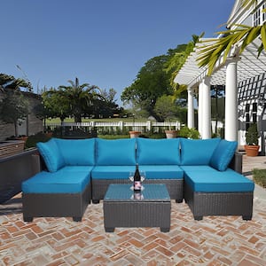7-Piece Wicker Outdoor Sectional Set with Coffee Table, Patio Furniture Set, Outdoor Couch Set, Lake Blue Cushions