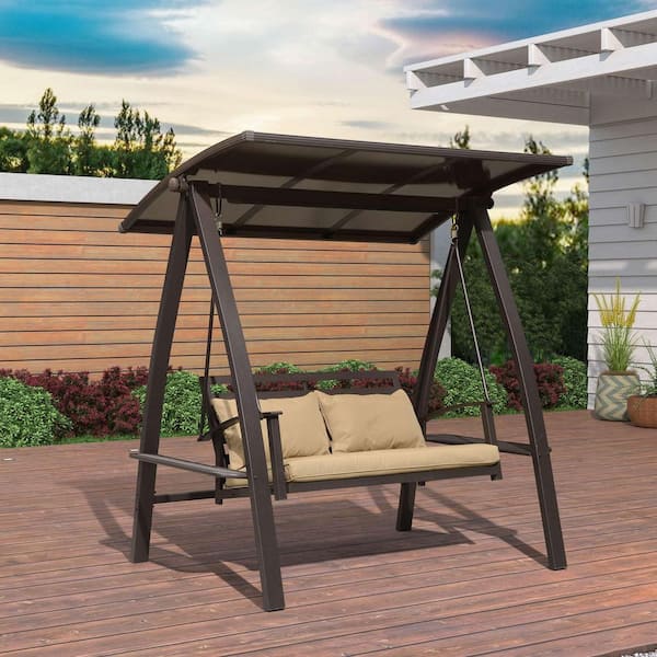 2-Seat Porch Swing with Adjustable PVC Canopy Swing Bed with Metal and Side Cup Holder, Cushion and Pillows Included