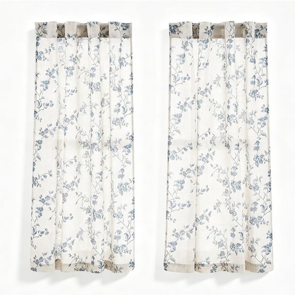 Blue Linen Floral 38 in. W x 45 in. L Back Tab Light Filtering Curtain (Set of 2)
