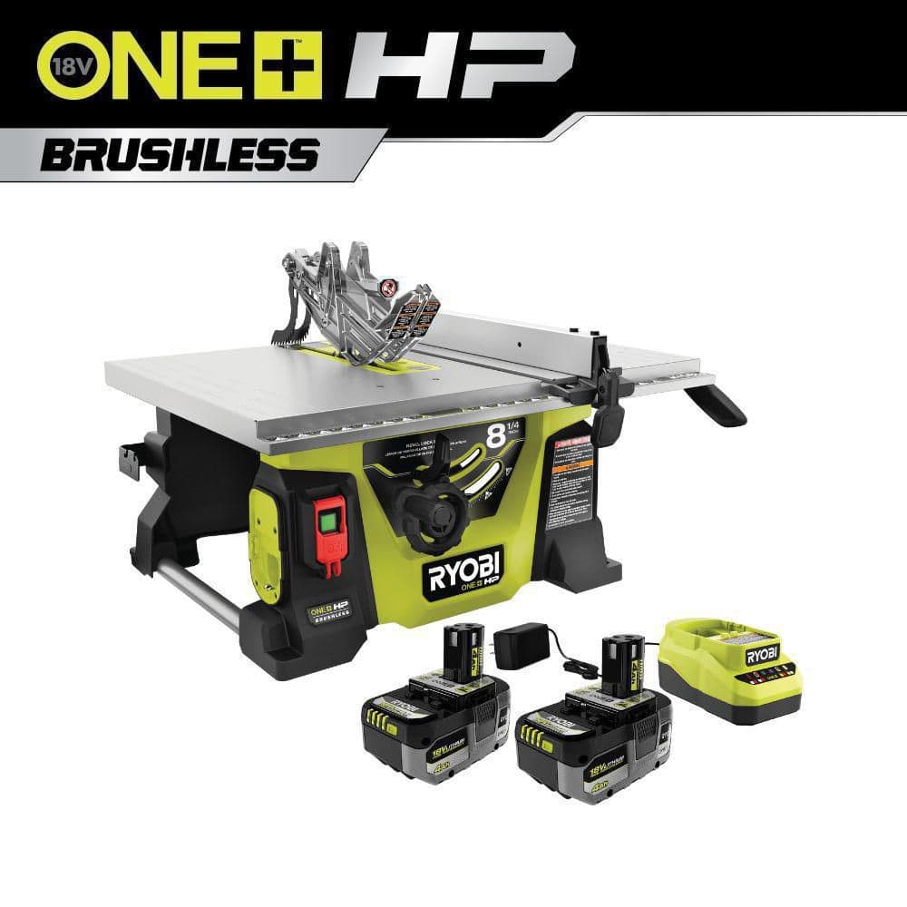 RYOBI ONE+ HP 18V Brushless Cordless 8-1/4 in. Compact Portable Jobsite Table Saw Kit with (2) 4.0 Ah Batteries and Charger -  PBLTS01K