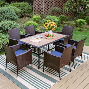 Black 7-Piece Metal Patio Outdoor Dining Set with Wood-Look Umbrella Table and Rattan Chairs with Blue Cushion