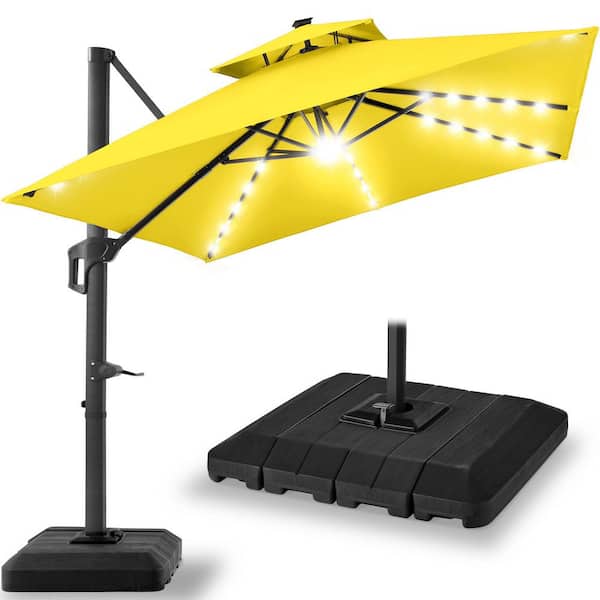 10 ft. Solar LED 2-Tier Square Cantilever Patio Umbrella with Base Included in Yellow