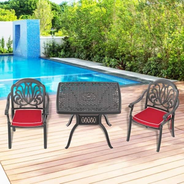 Runesay 3-Piece Set of Cast Aluminum Patio Outdoor Dining Set with Random Colors Cushions and Black Frame