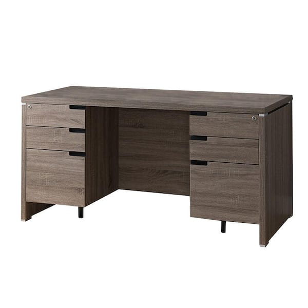 Benjara 60 in. Rectangular Brown 6 Drawer Executive Desk with Solid Wood Material