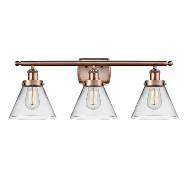 Cone 28 in. 3-Light Antique Copper Vanity Light with Glass Shade