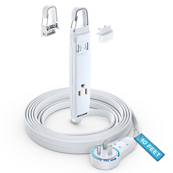 MAXIMM 12 ft. 16/3 Light Duty Indoor Extension Cord with 360° Rotating Flat Plug 3-Outlet with Hook and USB, White