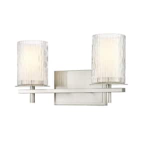 Grayson 16 in. 2-Light Brushed Nickel Vanity Light with Clear Etched Opal Glass Shade with No Bulbs Included