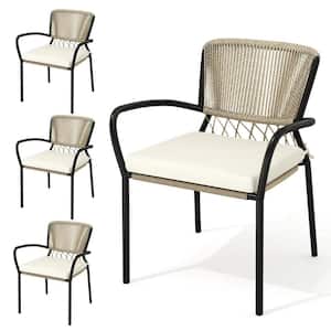 Outdoor Patio Deep Beige Ro PE wicker Dining Chairs with Beige Cushions (4-Pack)