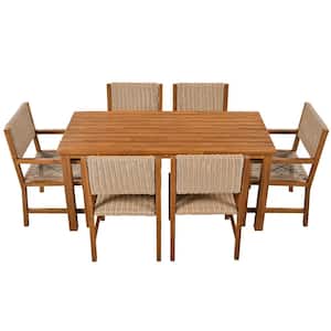 7-Piece Brown Acacia Wood and PE Rattan Wicker Outdoor Patio Dining Set