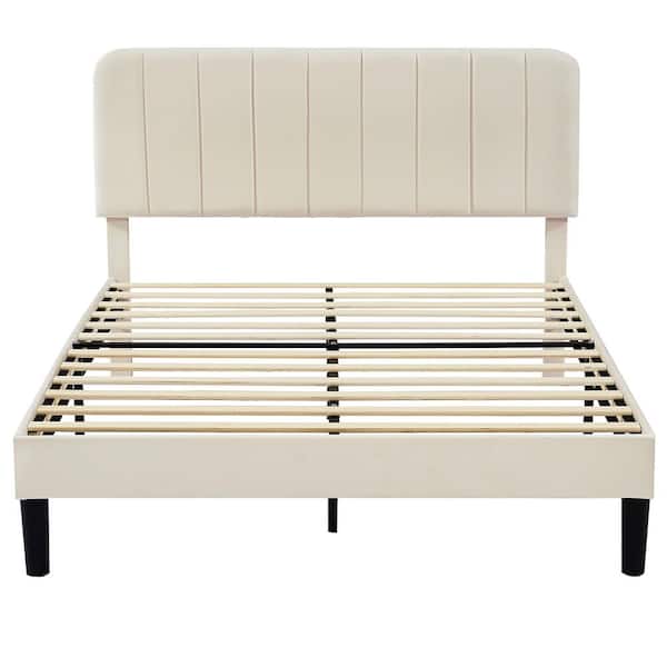 Upholstered Bed Frame, Full Platform Bed Frame with Adjustable Headboard, Strong Wooden Slats Support, Beige