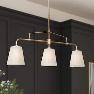 Modern Farmhouse Gold Bedroom Chandelier, 25 in. 3-Light Kitchen Island Linear Pendant Light with Fabric Shade