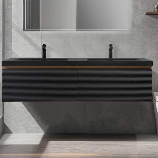 60 in. Wall-Mounted Floating Bath Vanity with Double Black Quartz Sink Top in Natural Oak and Black Assembled