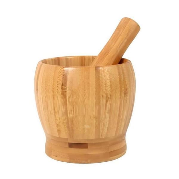 Natural Bamboo Finish Kitchen Mortar and Pestle Set Eco-Friendly Spice Accessory for Garlic Nuts Guacamole