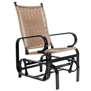 Black Aluminum Frame Outdoor Glider Chair, Patio Swing Rocking Lounge Chair with Tan Wicker Seat