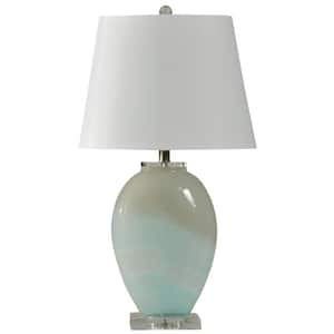 Glass 27 in. Frosted White and Blue Glass and Clear Crystal Bedside Lamp