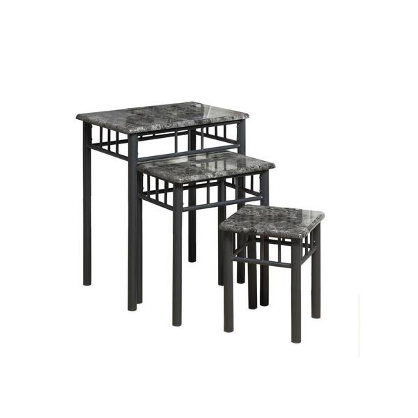 Monarch Specialties Monarch 26.75 in. Marble with Charcoal Metal Nesting Table Set in Grey (3-Pieces)