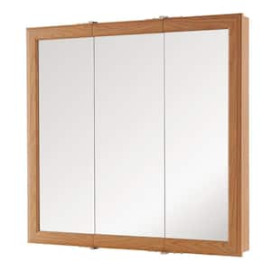 30-1/4 in. W x 29 in. H Fog Free Framed Surface-Mount Tri-View Bathroom Medicine Cabinet in Oak with Mirror