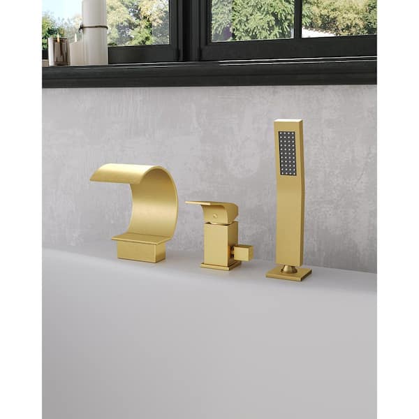EVERSTEIN Deluxe High Arc Bathtub Faucet Single-Handle Deck Mount Roman Tub Faucet with Handheld in. Brushed Gold Valve Included