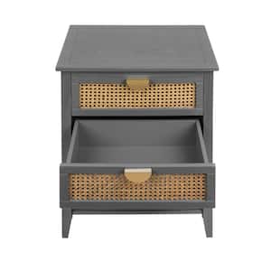 22.05 in. W x 15.75 in. D x 28.55 in. H Gray Wood Linen Cabinet with 2 Naturel Rattan Drawers