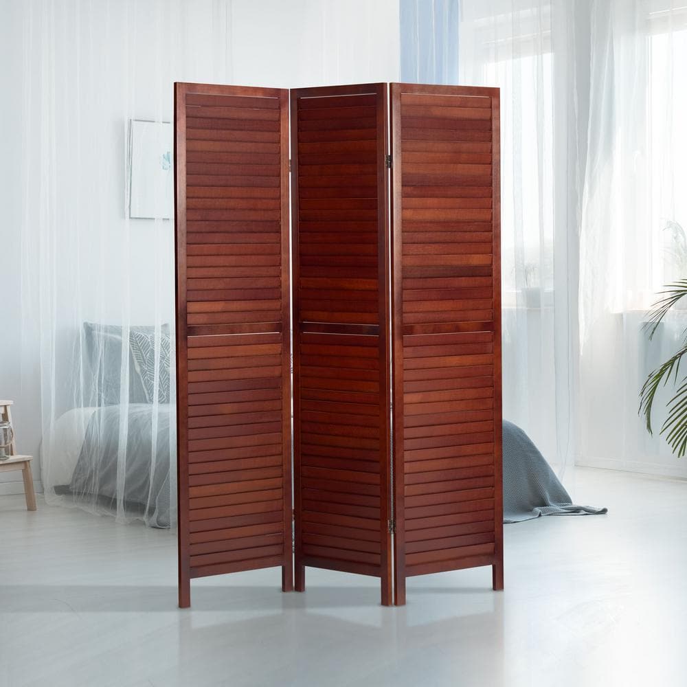 Walnut 6 ft Tall Wooden Louvered 3-Panel Folding Room Divider