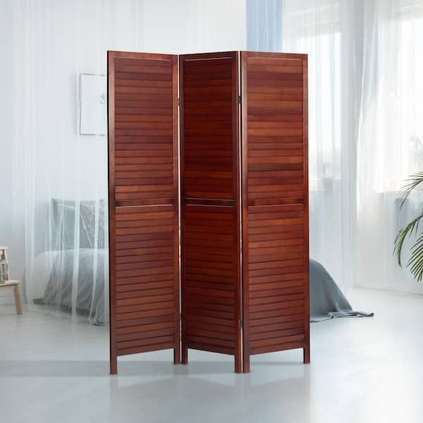 Walnut 6 ft. Tall Wooden Louvered 3-Panel Room Divider