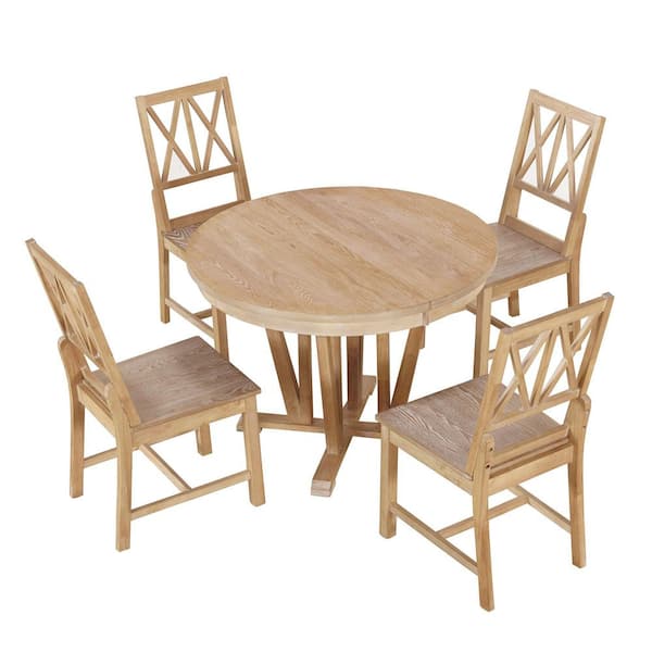 5-Piece Wood Round Table Outdoor Extendable Dining Set with 4 Cross Back Dining Chairs for Kitchen, Dining Room