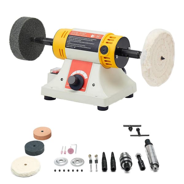 Bench Buffer Polisher, 1/2HP, 0-8000RPM, with 4 in. Cloth Wheel, 3 in. Grinding Wheel and 3 in. Fiber Wheel for Metal