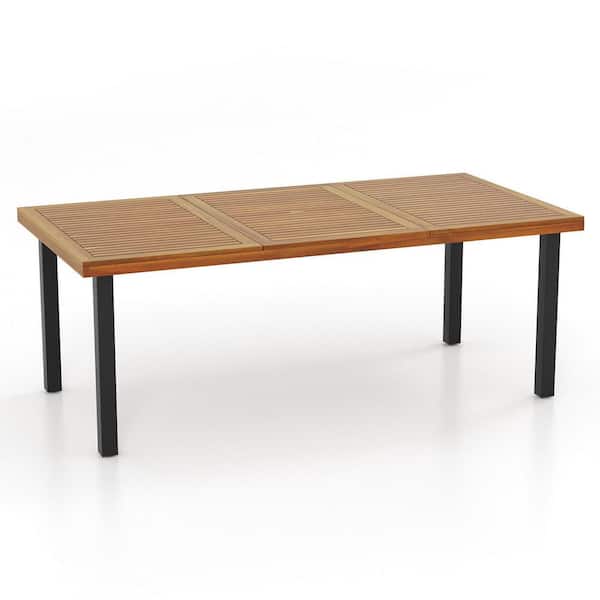 8-Person Natural Wood 79 in. 4 Legs Dining Table w/ 1.9 in. Umbrella Hole Acacia Wood Adjustable Foot Pads