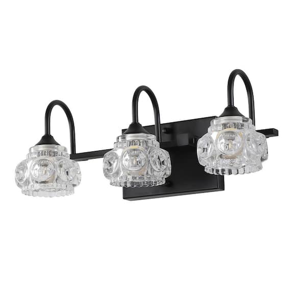 17.3 in. 3-Light Modern Black Crystal Bathroom Vanity Light with Clear Glass Shade for Bathroom(Blulbs Not Included)
