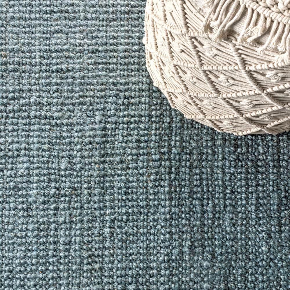 Handwoven Light Blue/Gray Chunky Jute Rug with Fringe - 5x8 Feet