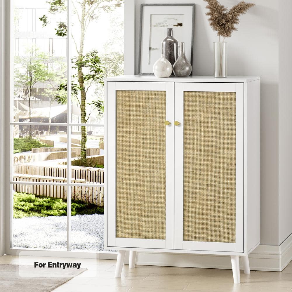 Aupodin White 44 in. Rattan Accent Cabinet Sideboard Office Storage ...