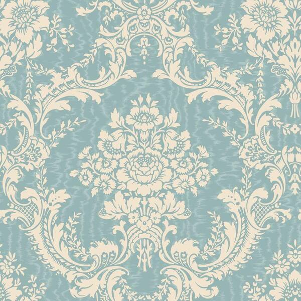 The Wallpaper Company 56 sq. ft. Blue and Cream Mid-Scale Damask on a Moire Background Wallpaper-DISCONTINUED