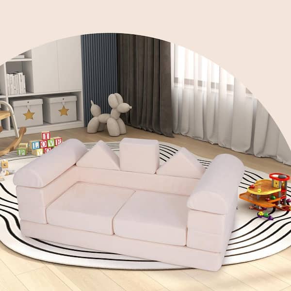 Costway Beige Kids Modular Play Couch Play Set with Suede Fabric Cover High-Density Foam