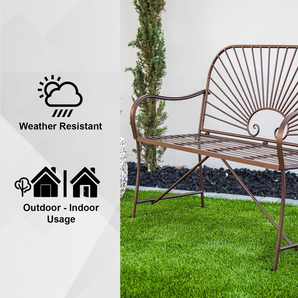44-Inch Brown Iron Sun-Patterned Garden Bench