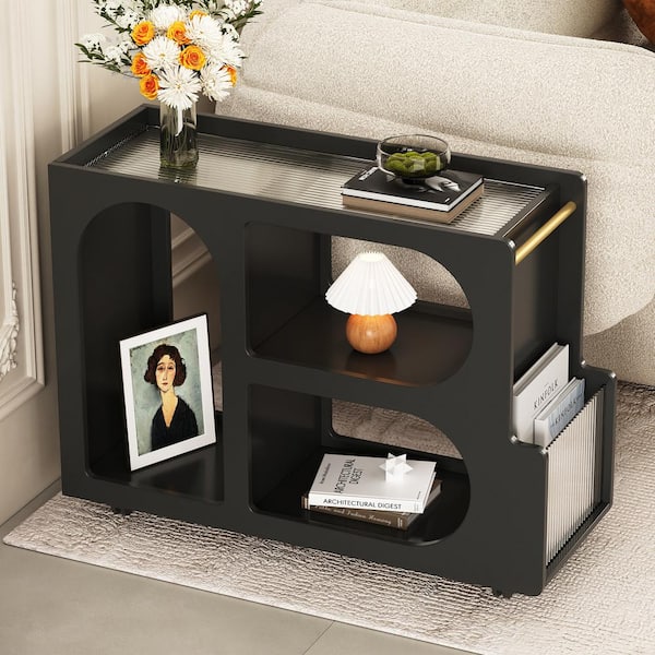 Nestfair 31.5 in. Black Rectangle Glass End Table with Lockable Wheels with 5mm Thick Fluted Tempered Glass