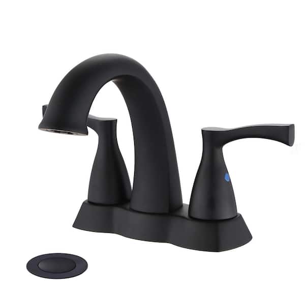 Lukvuzo 4 in. Centerset Double Handle Low Arc Bathroom Faucet with Drain Kit Included in Matte Black