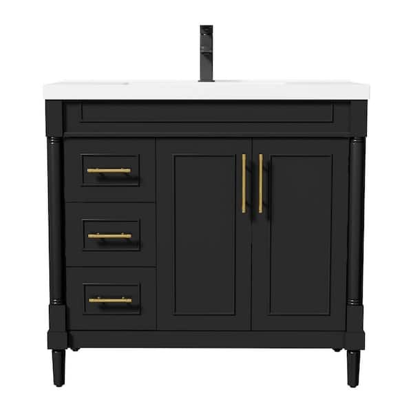 36 in. W x 17.7 in. D x 33.5 in. H Freestanding 1-Sink Bath Vanity in Black with White Ceramic Top and Drain Faucet Set