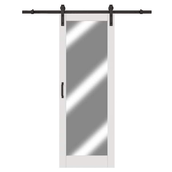24 in. x 80 in. Paneled White Mirrored Glass Primed MDF No Assembly Required Sliding Barn Door with Hardware Kit