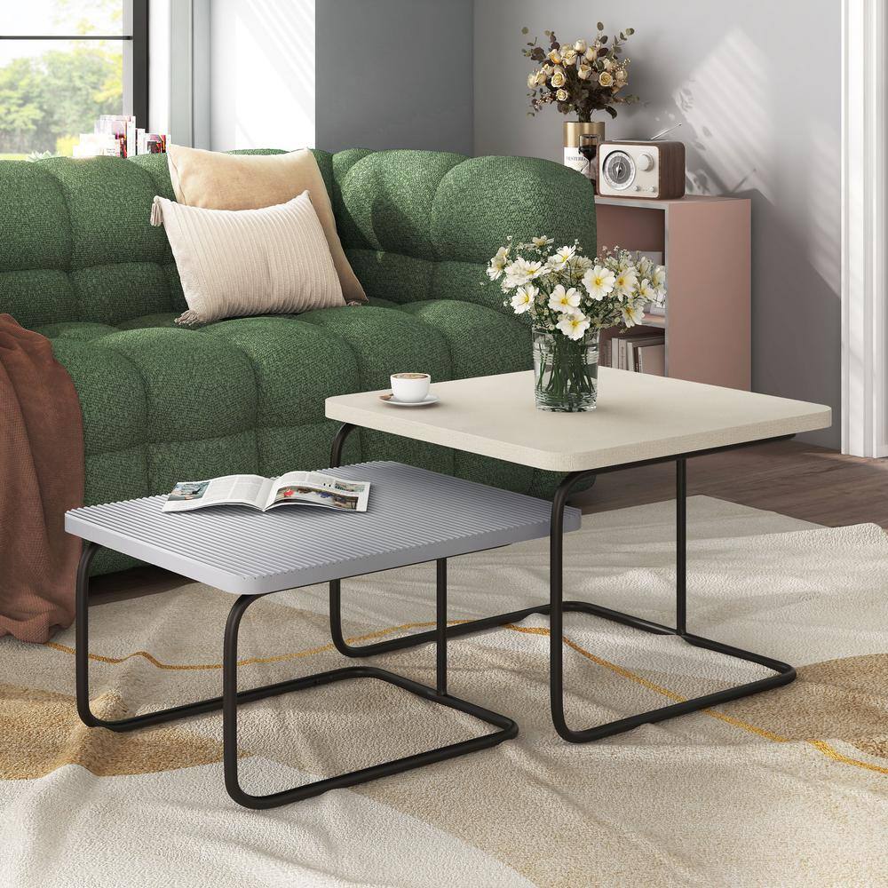 Modern Cream and Gray Textured 2-Piece Nesting Coffee Table Set