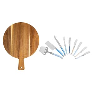 French Home 17" Round Wood Cheese Board with Laguiole Cheese Knives and Spreaders