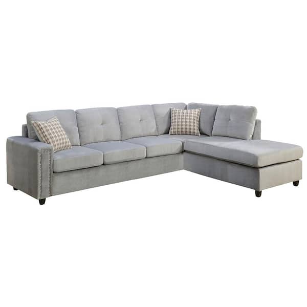 Acme Furniture Belville 79 in. W Square Arm 2-Piece Velvet L Shaped Modern Sectional Sofa in Gray with Armrests