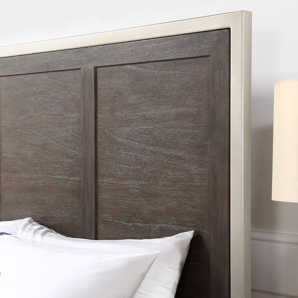 Walnut and Silver Upholstered Queen Platform Bed with Nailhead Trim