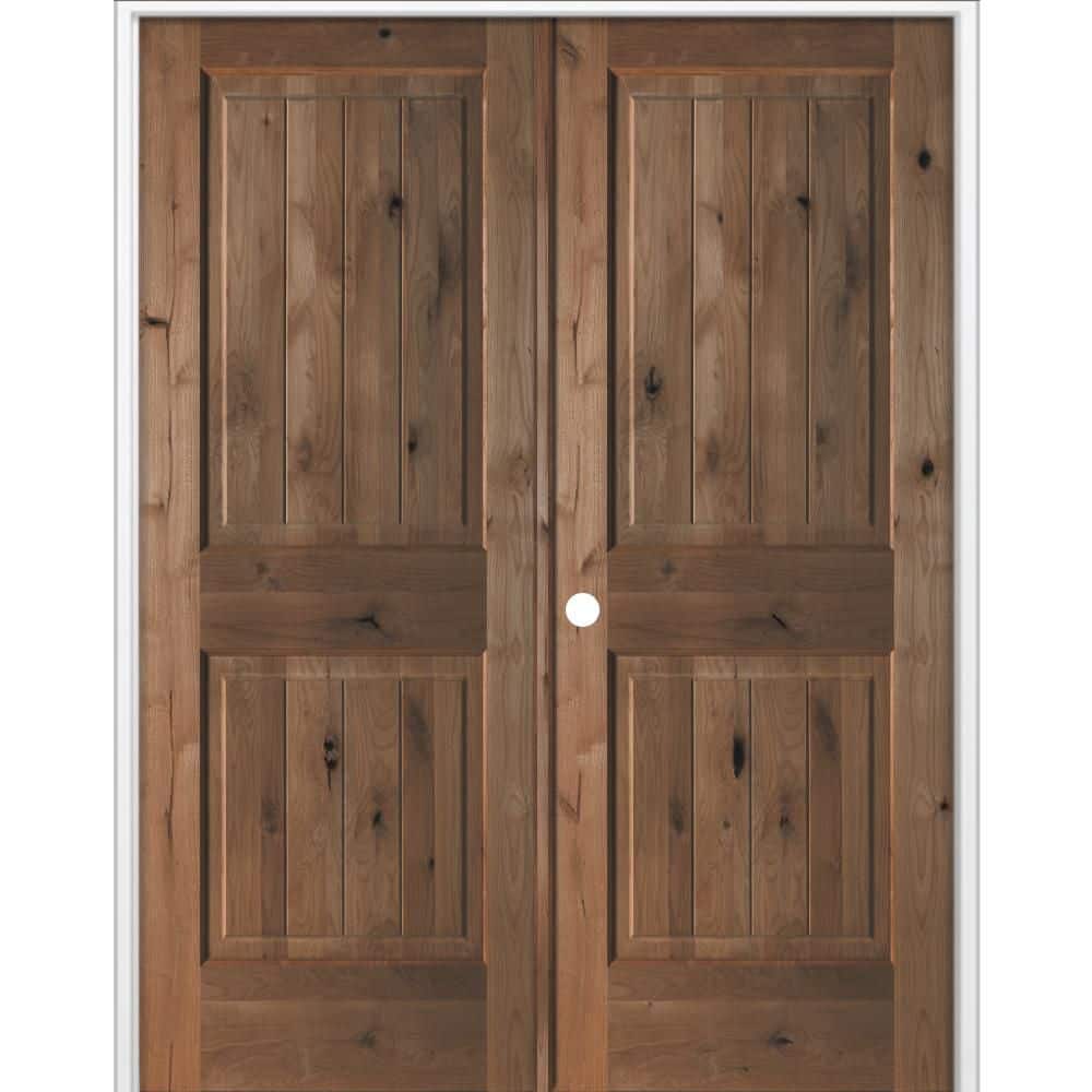 56 in. x 80 in. Knotty Alder 2-Panel V-Groove Solid Wood Right-Active BEHR True Black Stain Double Prehung Interior Door price history on PriceWatchPro