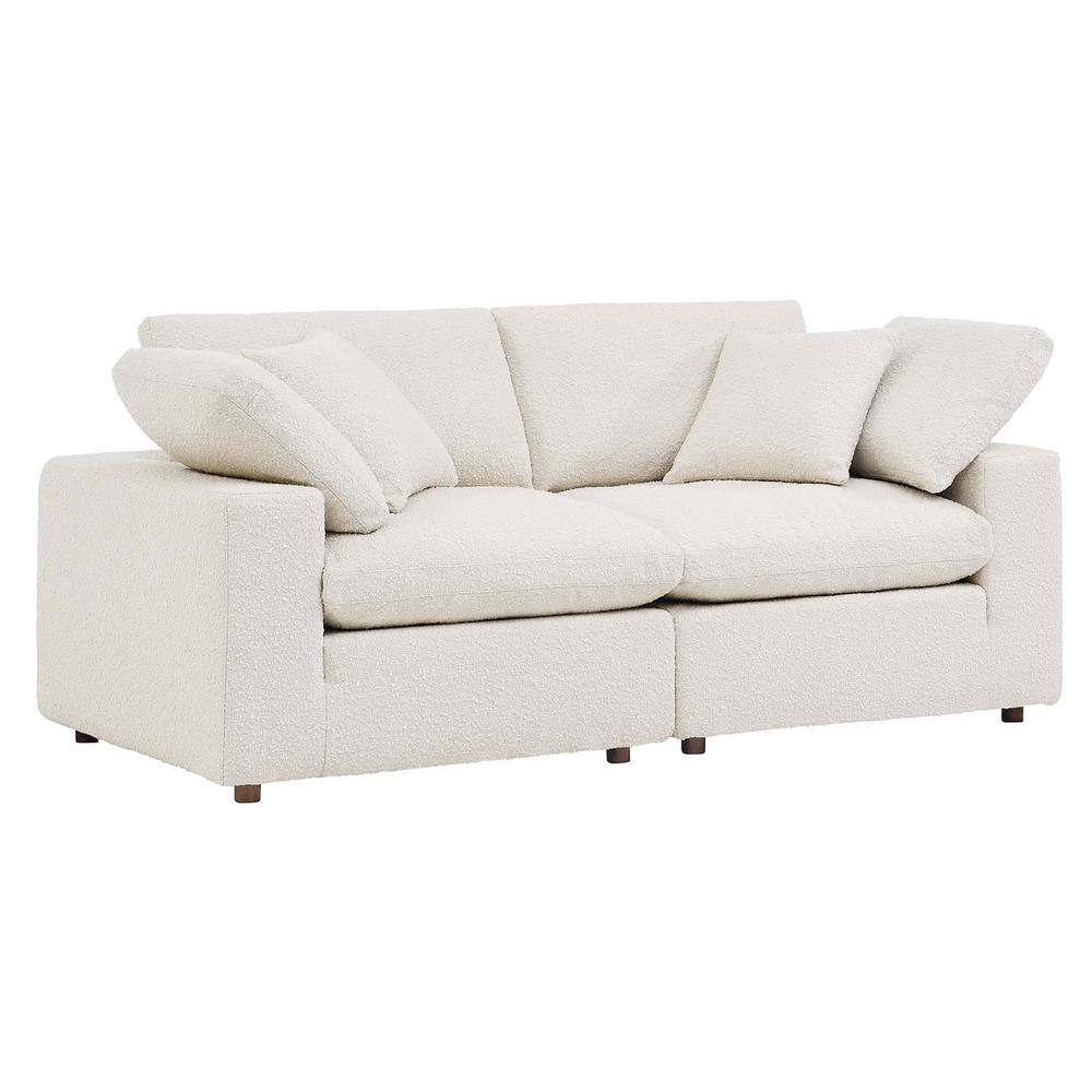 Ivory Boucle Fabric Overstuffed Loveseat with Down Cushions