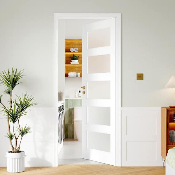 32 in. x 80 in. 5-Lite Tempered Frosted Glass Solid Core White Primed Wood Interior Door Slab