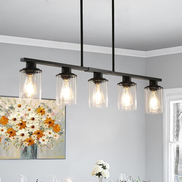 37.4 5-Light Chandelier with Clear Glass Shades Kitchen Island Pendant Light, Black, E26, No Bulbs Include